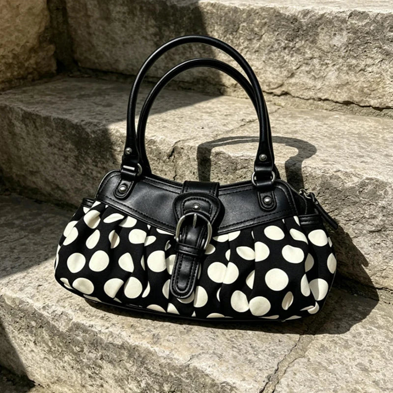 Stylish Pleated Retro Polka Dot Underarm Bag with Buckle Design
