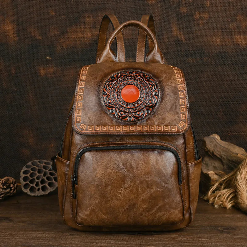 Vintage Handmade Leather Backpack Embossed Large Capacity Bag