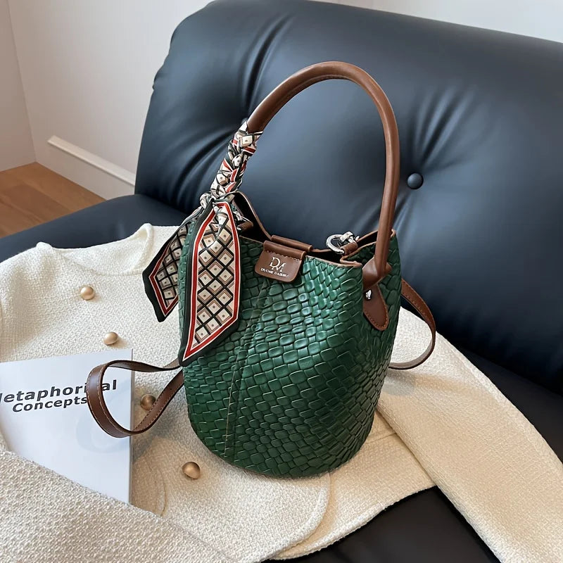 Fashionable Women's Bucket Bag Stylish Solid Color Woven Effect Handbag