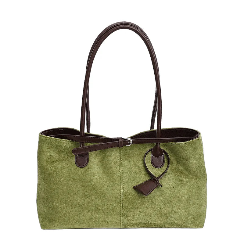 Vintage Faux Suede Leather Tote Bag Contrast Color Strap Casual Shoulder Handbag