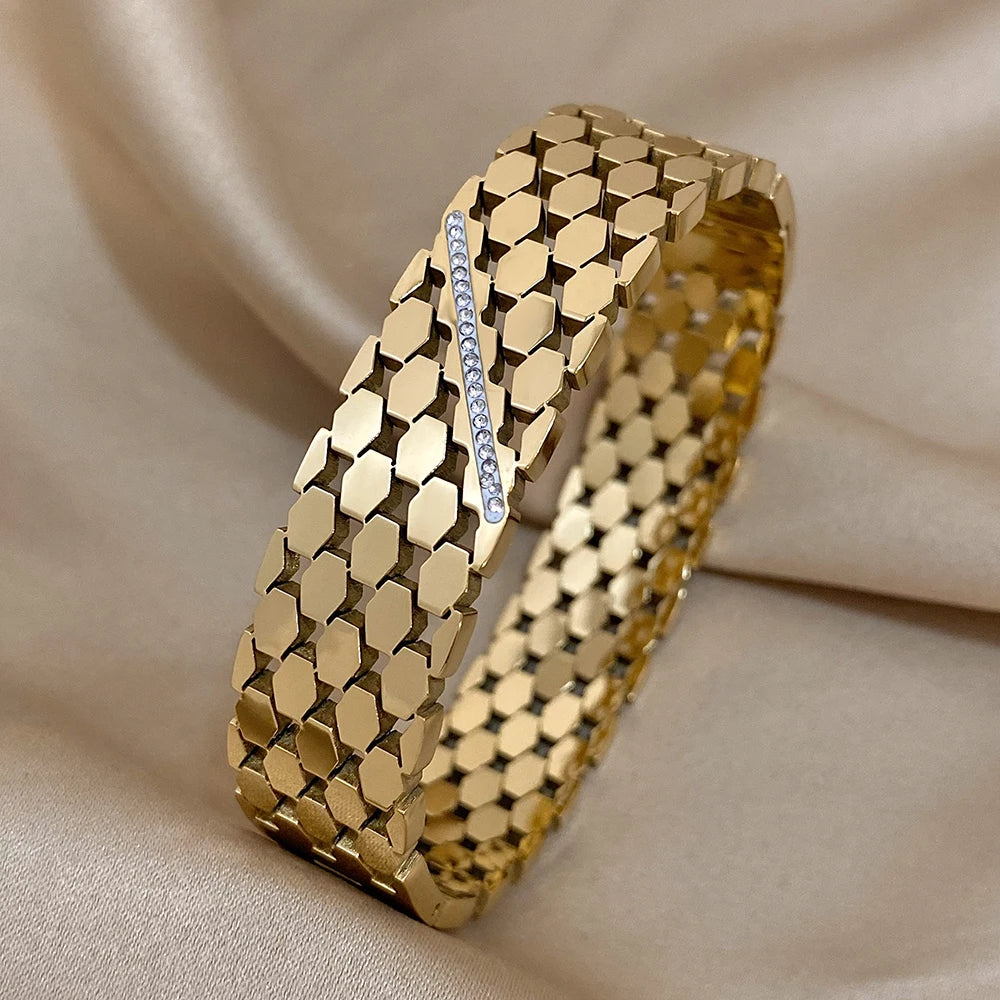 Chunky Inlaid Rhinestone Geometric Wide Stainless Steel Bangles Bracelets