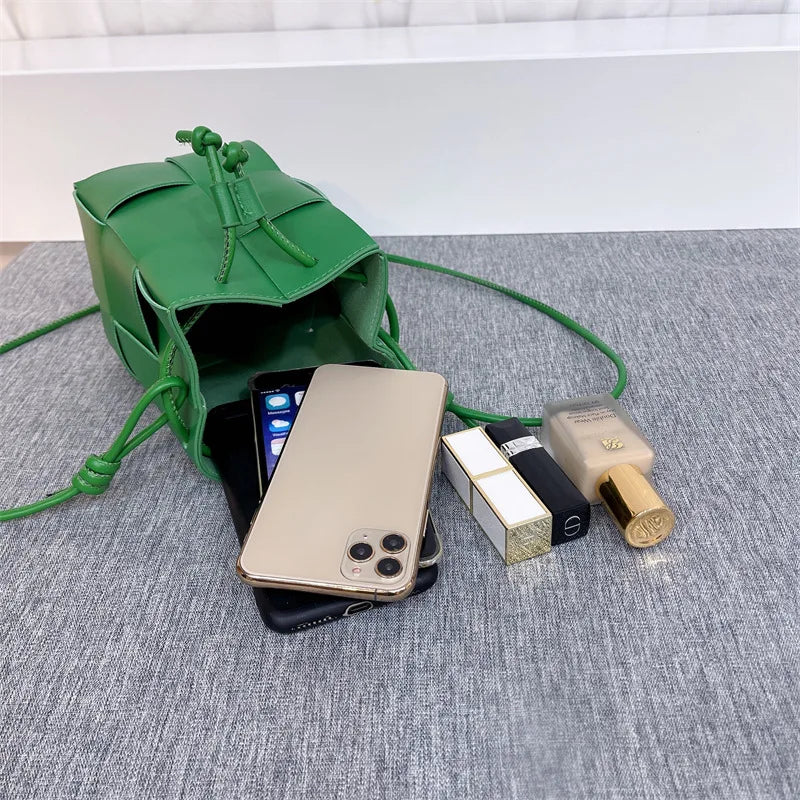 Trendy Mini Bucket Bag Versatile Woven Drawstring Phone Bag Casual Simple Design