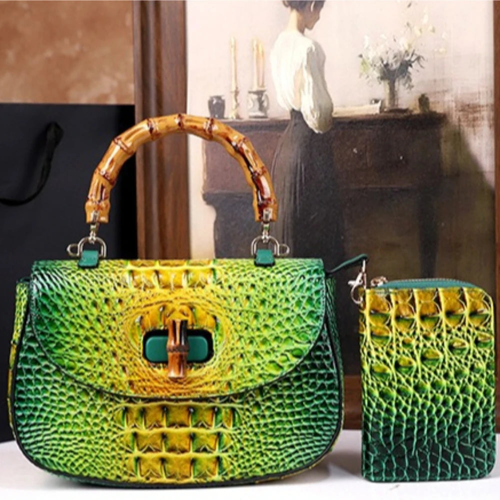 Crocodile Pattern PU Leather Bag Women's Bamboo Handle Fashion Trend Crossbody Bag