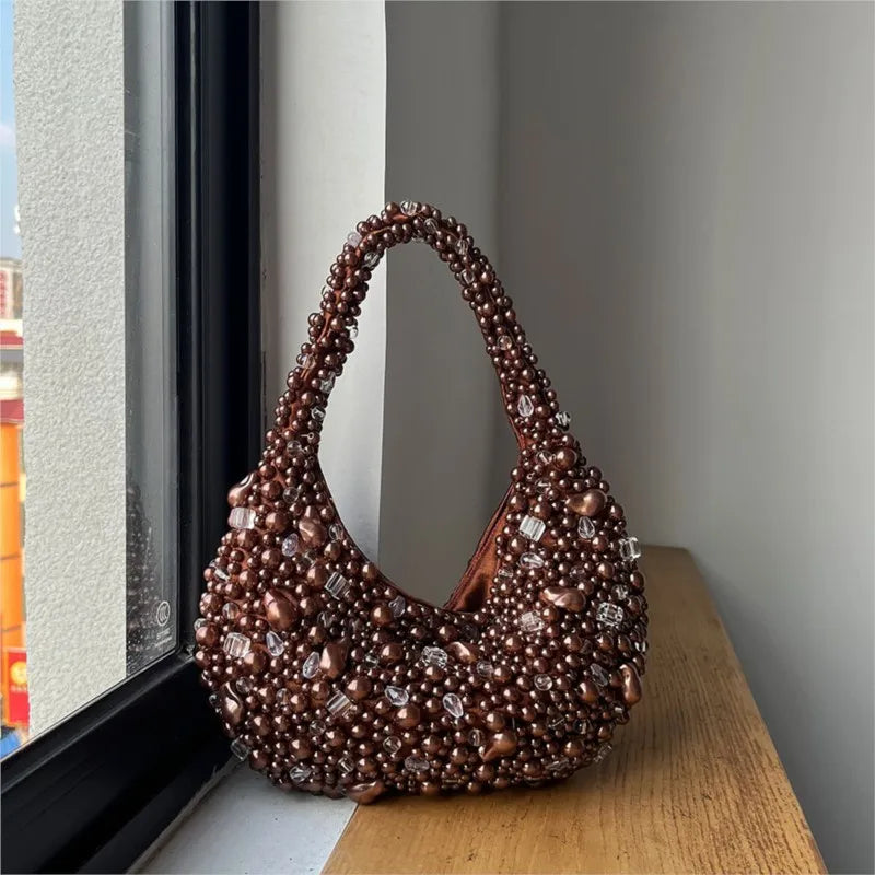 Half Moon Pearl Bag Woven Bead Bag Tassel Bucket Bag
