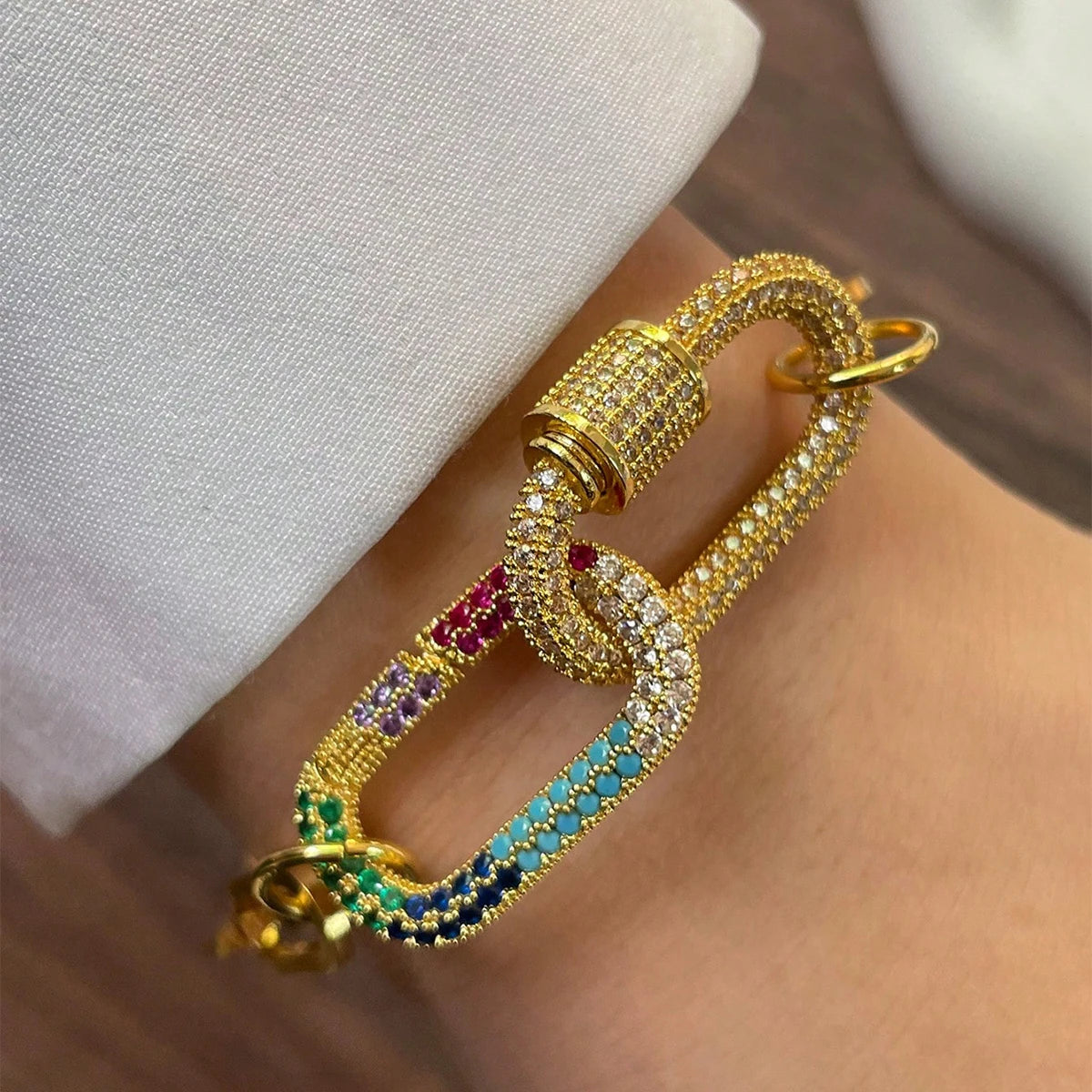 1 PC gold colorful diamond oval buckle bracelet with gold heart shaped pendant bracelet