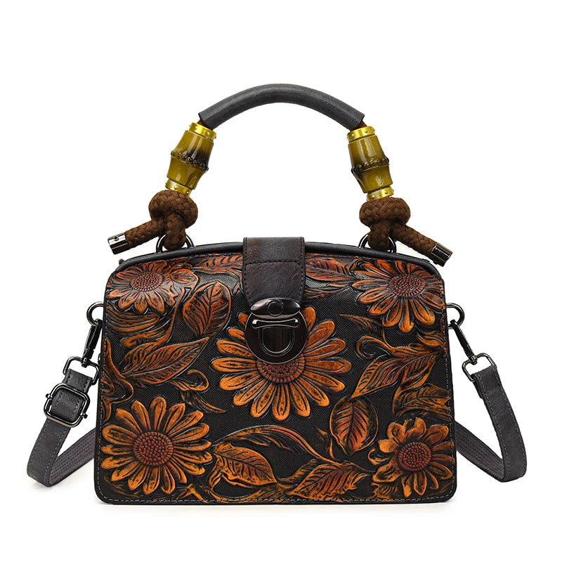 Vintage Embossed Handmade Handbags Top Quality PU Leather Tote