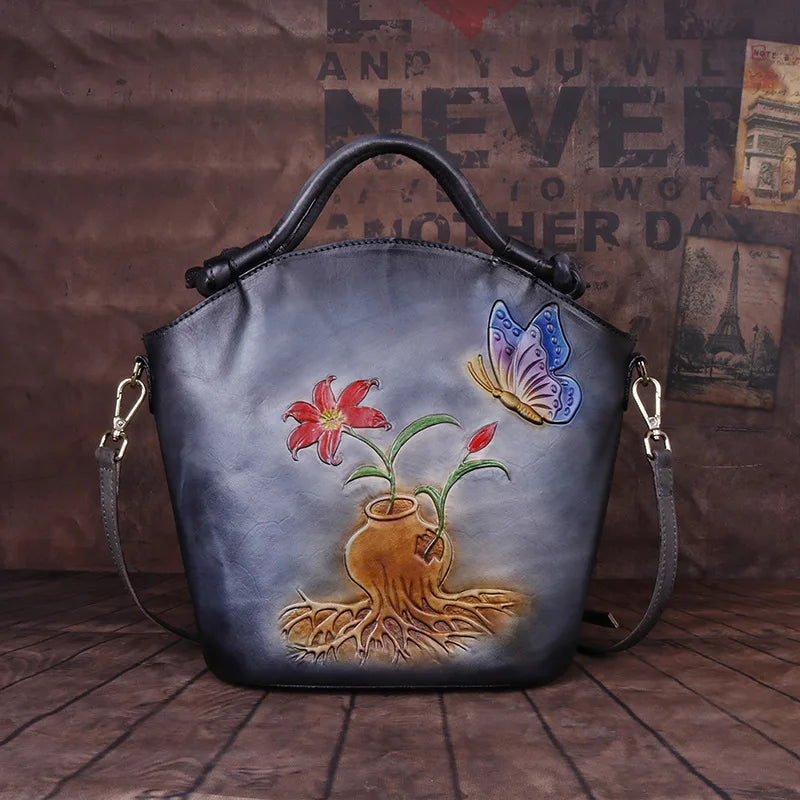 Leather Embossed Hand Brushed Oblique Bucket Bag