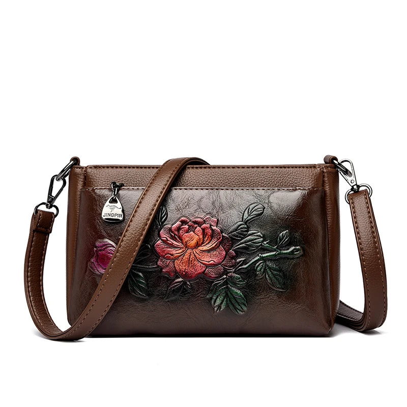Genuine Brand Top Quality Pu Leather Vintage 3D Floral Embossed Elegant Handbag