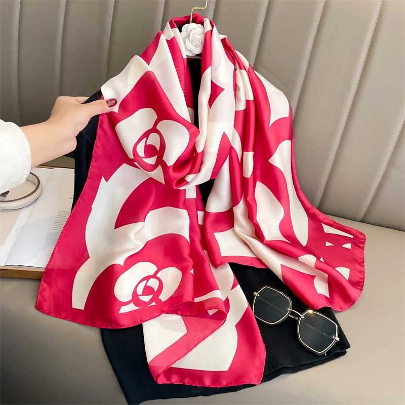 180*90cm Large Silk Satin Scarf Hijab Women Print Shawl