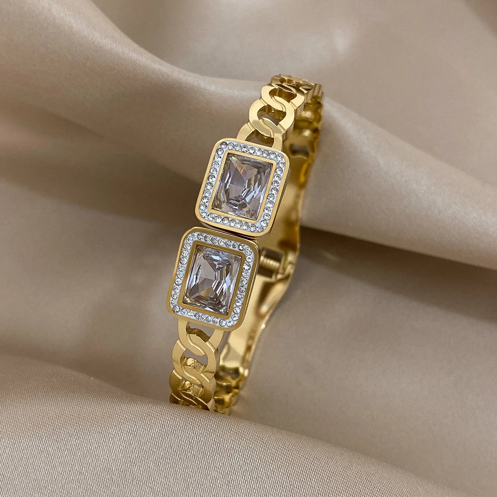 Luxury Big White Square Cubic Zirconia Stainless Steel Cuff Bracelet Jewelry