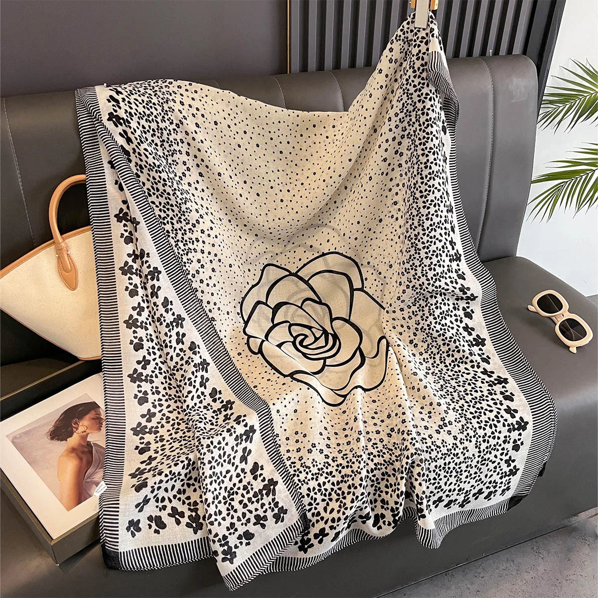 Season's Thin Sun-protective Cotton Linen Scarf Rose Print Silk Scarves Fashion