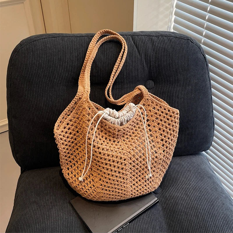 Chic Simple Large Capacity Shoulder Bags for Women Casual Straw Woven Tote Bag