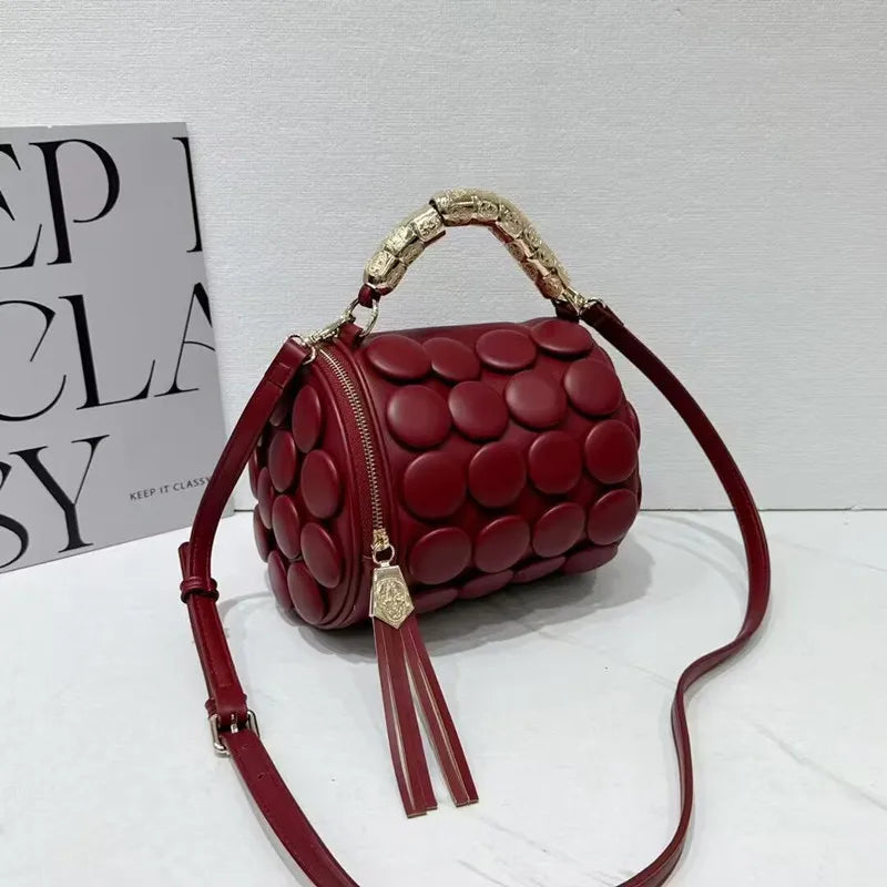 Retro Button Design Leather Handbag Luxury Round Tube Bucket Bag