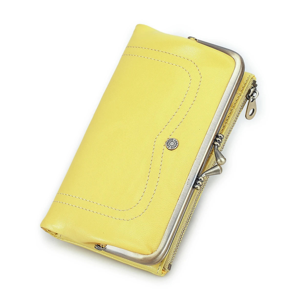 Genuine Leather Kiss Lock Long Wallets for Women Metal Frame Female Purse Card Holder