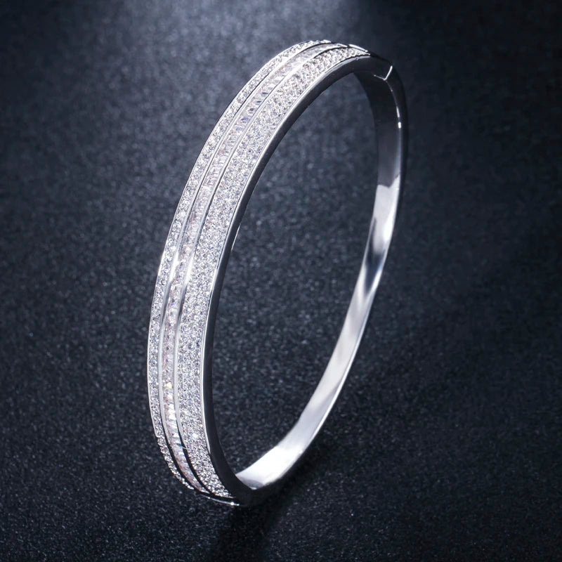 Sparkling Cubic Zirconia Rose Gold Color Big Round Circle Cuff Bangles Luxury Jewelry
