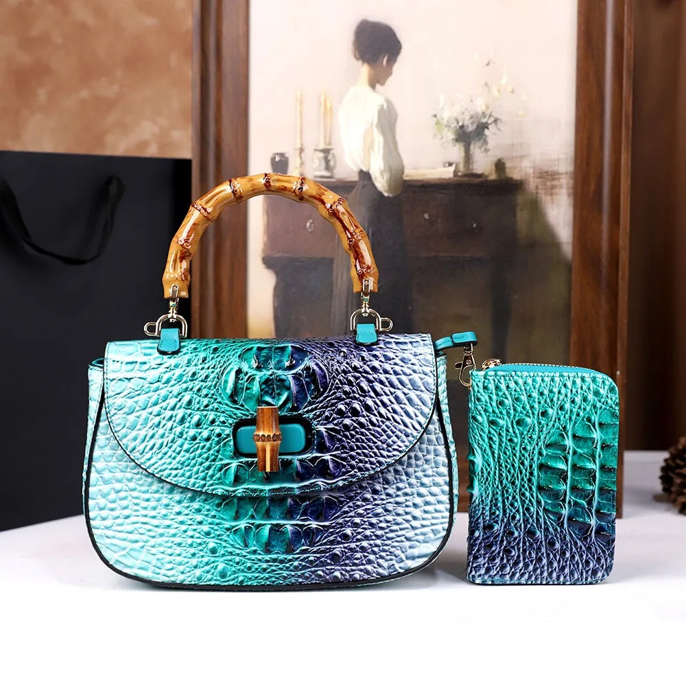 Crocodile Leather Bag Fashion Bamboo Crossbody Handbag
