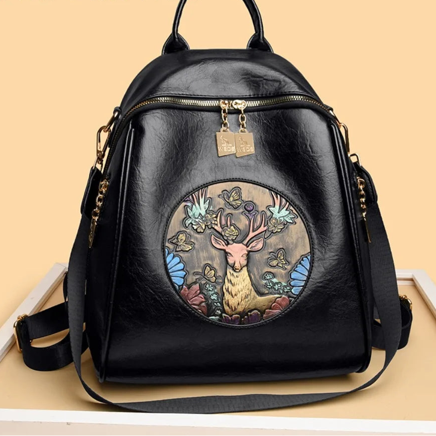 Vintage Deer Embossed Soft Leather Backpack Casual Large Capacity Rucksack