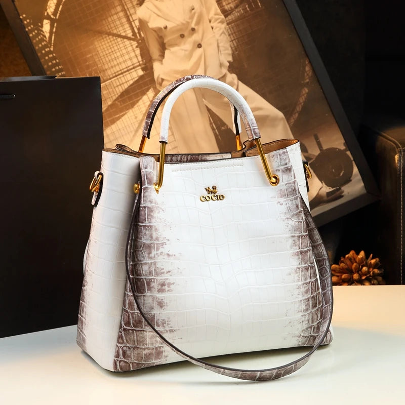White Crocodile Pattern Leather Handbag Bucket Bag