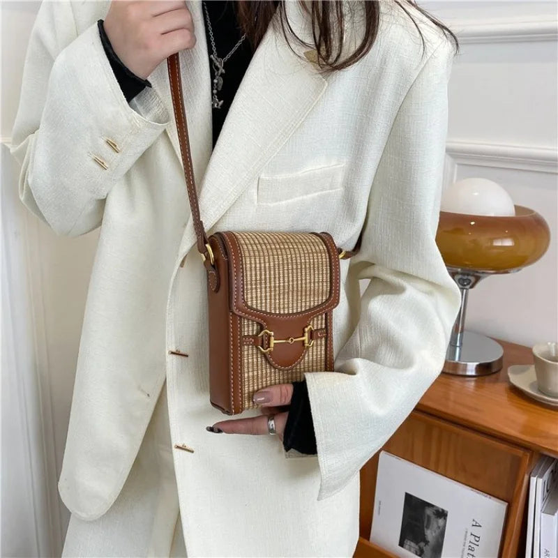 Elegant Women's Crossbody-Bag Crafted From Grid-Printed Leather Vintage Bag Style