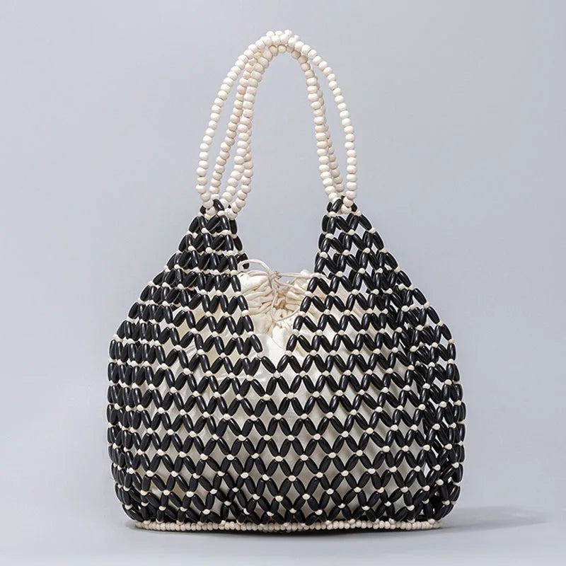 Exquisite Hollow-out Wooden Beaded Shoulder Handbag