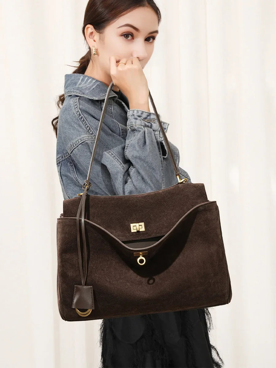 Women's Suede Genuine Leather Bag Shoulder Handbag Large Capacity Tote Handbag