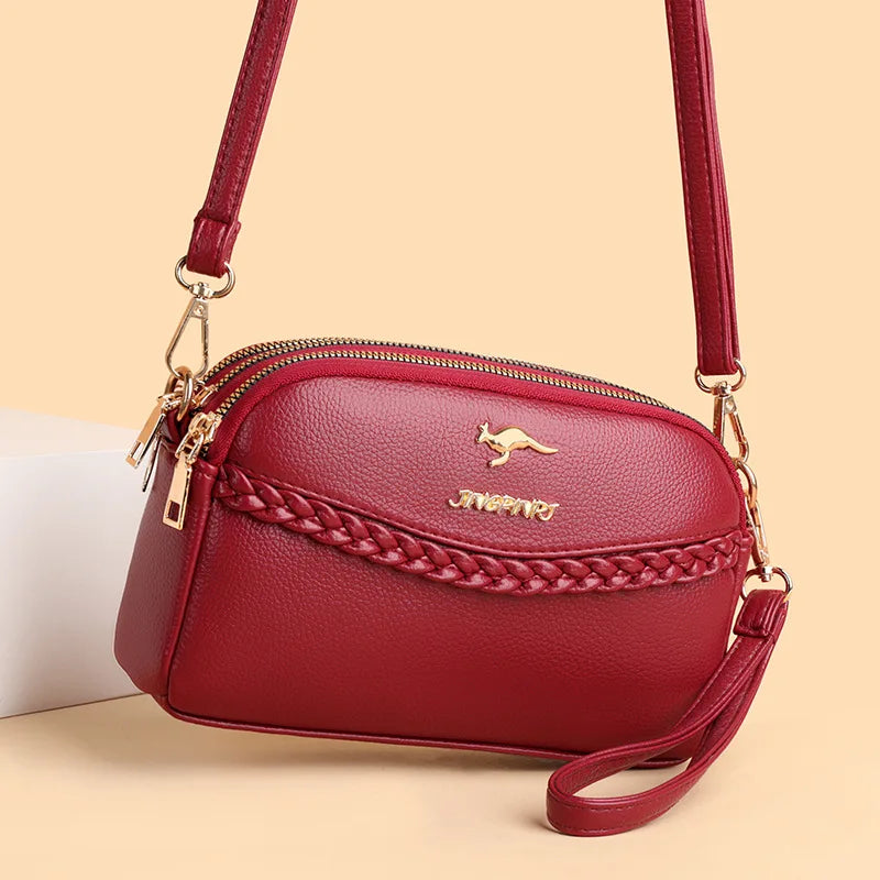 Chic Pu Leather Crossbody Bag Three Layer Zipper Stylish Braid Detail Phone Bag