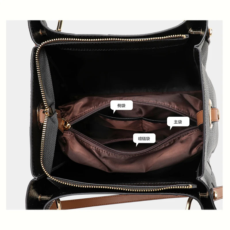 Embossed Letter Tote  Black-Brown Color Block Spacious Commute Handbag & Crossbody