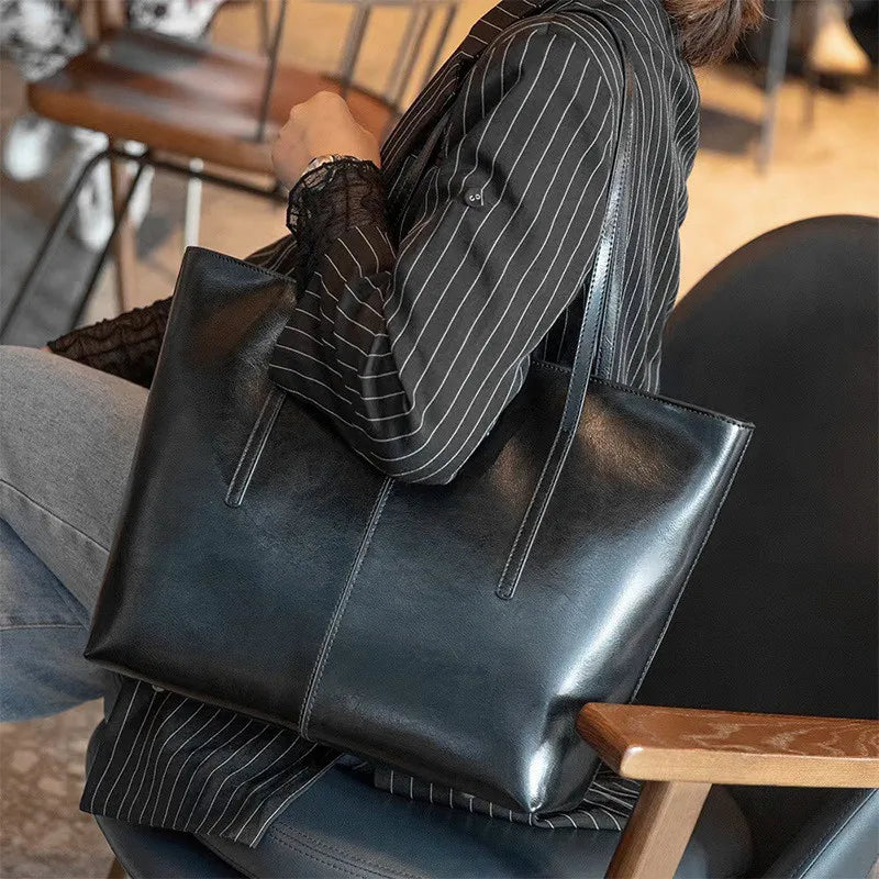 Cowhide Genuine Leather Large Tote Bags Luxury Design Commuter Shoulder Bag