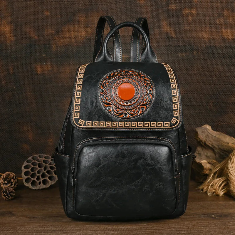 Vintage Handmade Leather Backpack Embossed Large Capacity Bag