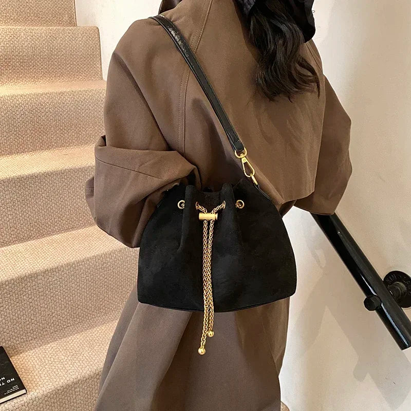 Soft Solid Faux Suede Simple Commuting Crossbody Bags String Closure Type Handbags