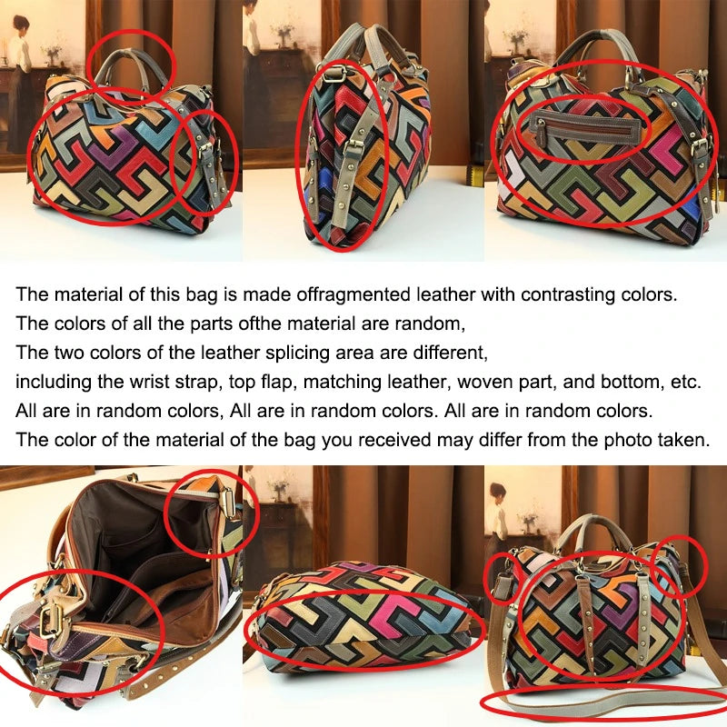Crossbody retro geometric color blocked leather computer bag
