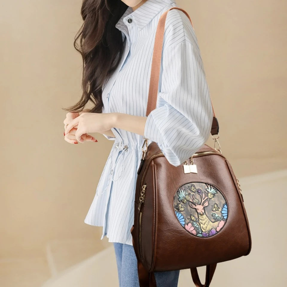 Vintage Deer Embossed Soft Leather Backpack Casual Large Capacity Rucksack