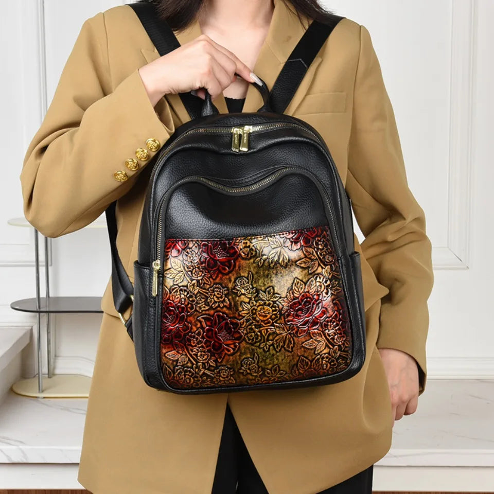 Vintage Floral Print High Quality Soft Leather Backpack Women Large Capacity Bag