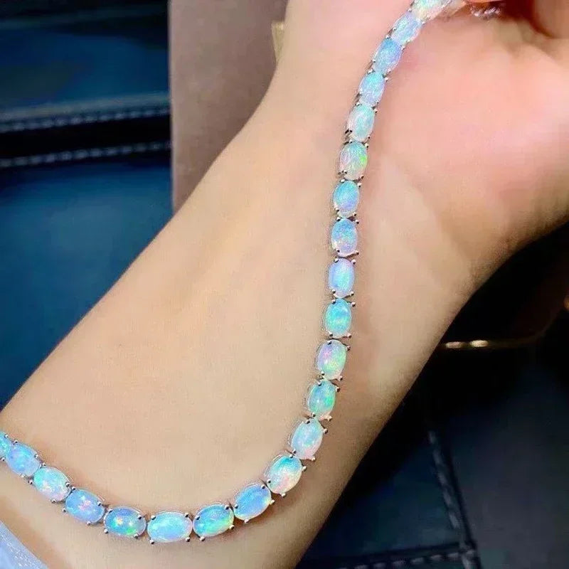 925 Sterling Silver Natural Opal Simple Bracelet Colorful Stone Bracelet Fine Jewelry
