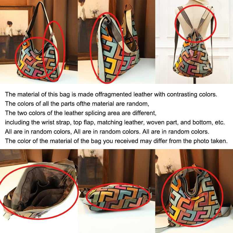 Retro Handmade Splicing Cowhide Leather Tote Bag Ethnic Style