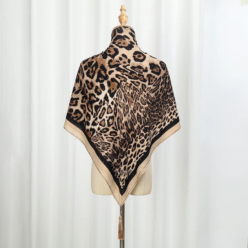 Rhinestone Leopard Print Square Scarf Tassels Satin Shawls