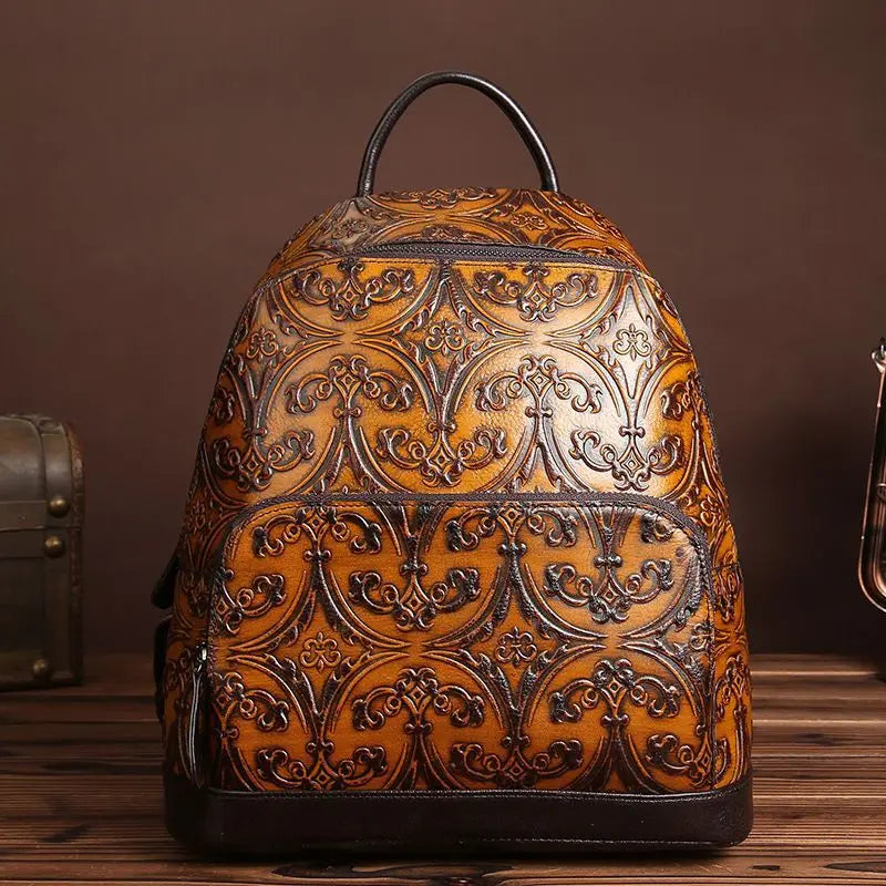 Handmade Leather Backpacks Embossed Top Layer Cowhide Bag