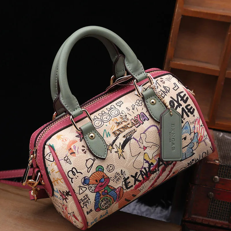 Luxury Vintage Handheld Boston Bag Fashion Cartoon Graffiti Leather Trendy Bag