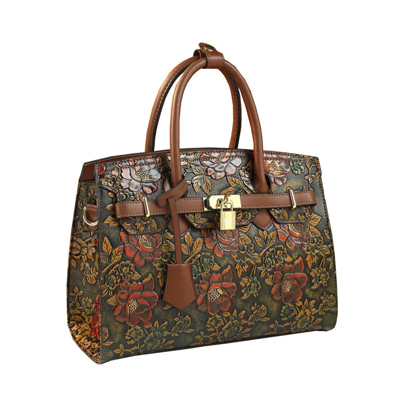 Retro Platinum Leather Handbag 3D Relief Floral Embossed Shoulder Bag for Women