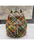 Color Weaving Genuine Leather Backpack Real Cow Leather Backpack Vintage Fashion