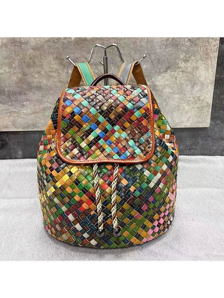 Color Weaving Genuine Leather Backpack Real Cow Leather Backpack Vintage Fashion