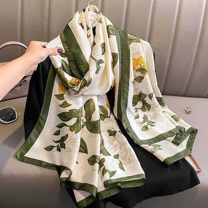180*90cm Large Silk Satin Scarf Hijab Women Print Shawl