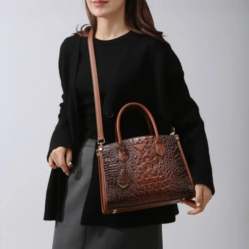 Large Top-Handle Bag Vintage Crocodile Design Shoulder Bag