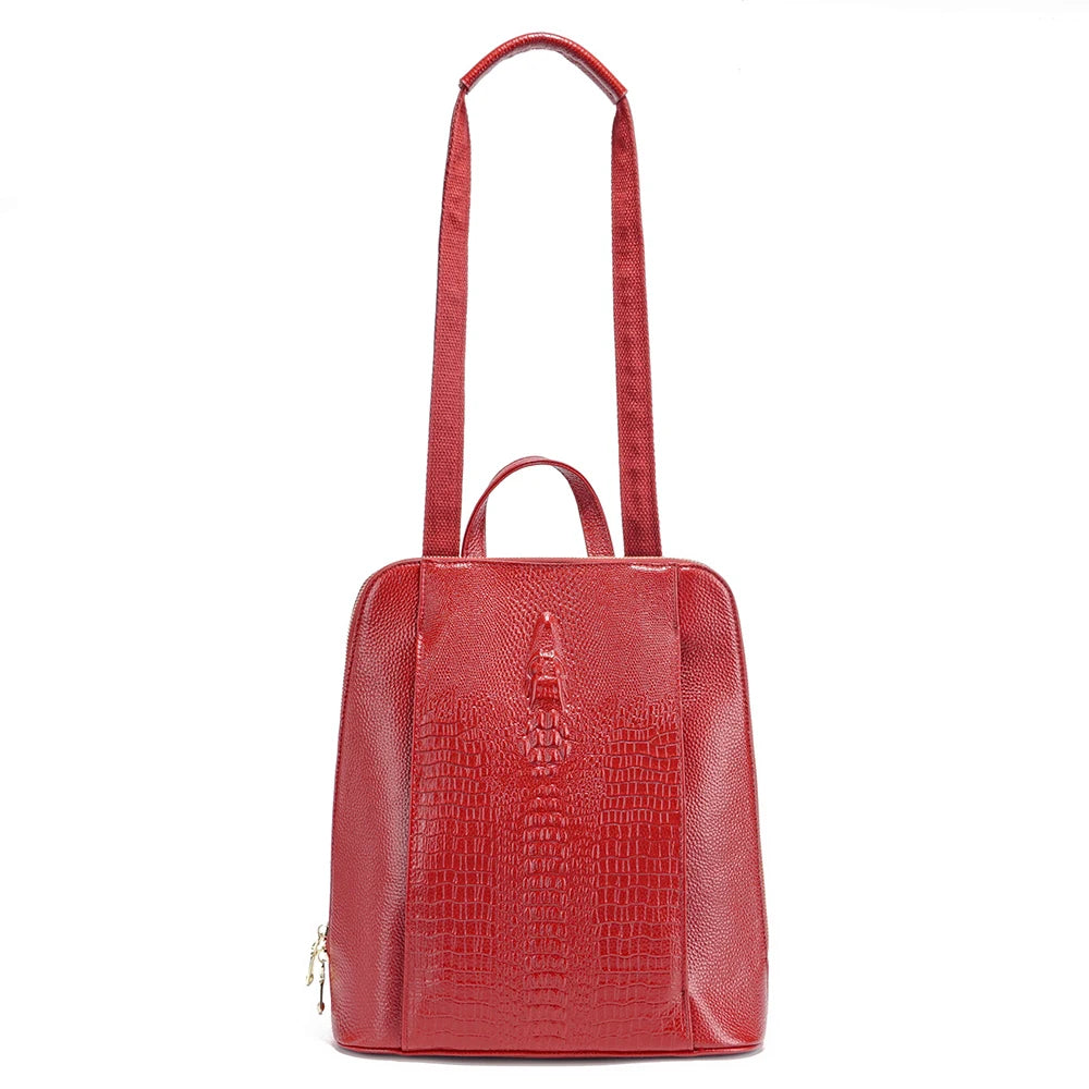 Genuine Leather Backpack Crocodile Pattern Large Capacity