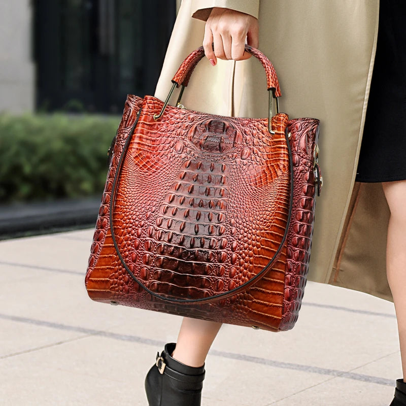 High quality crocodile pattern leather large capacity handbag
