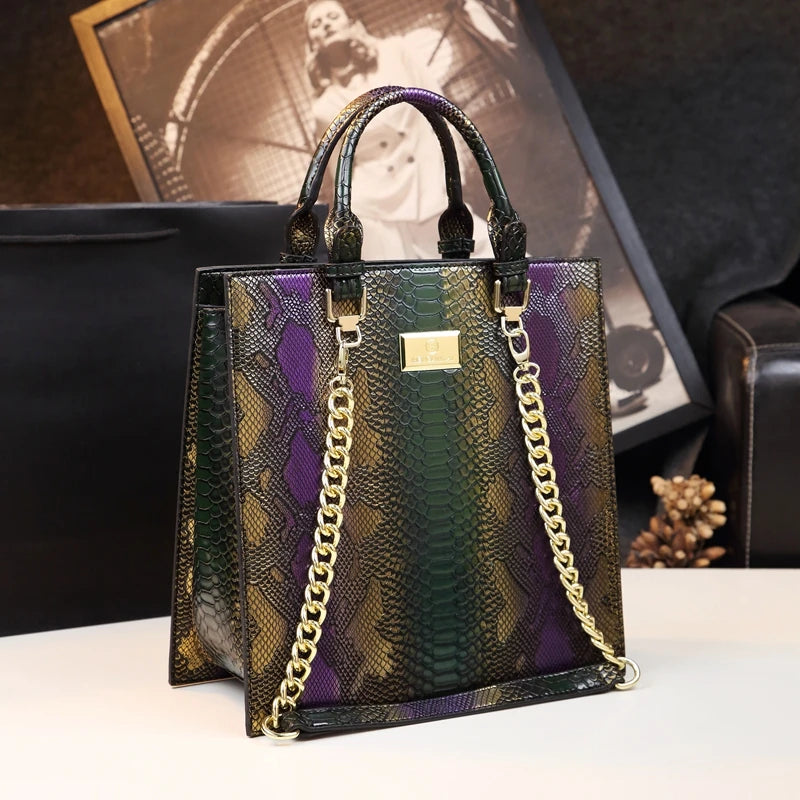 Cowhide Leather Women Handbag Fashion Serpentine Tote Bag