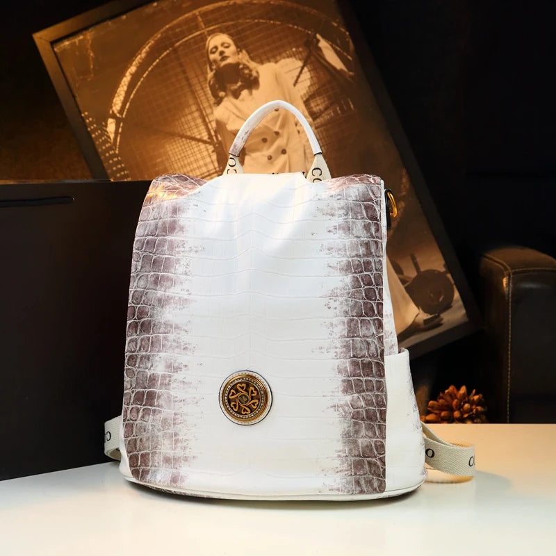 White Leather Crocodile Women Backpack Large Capacity Commuter Travel Backpacks