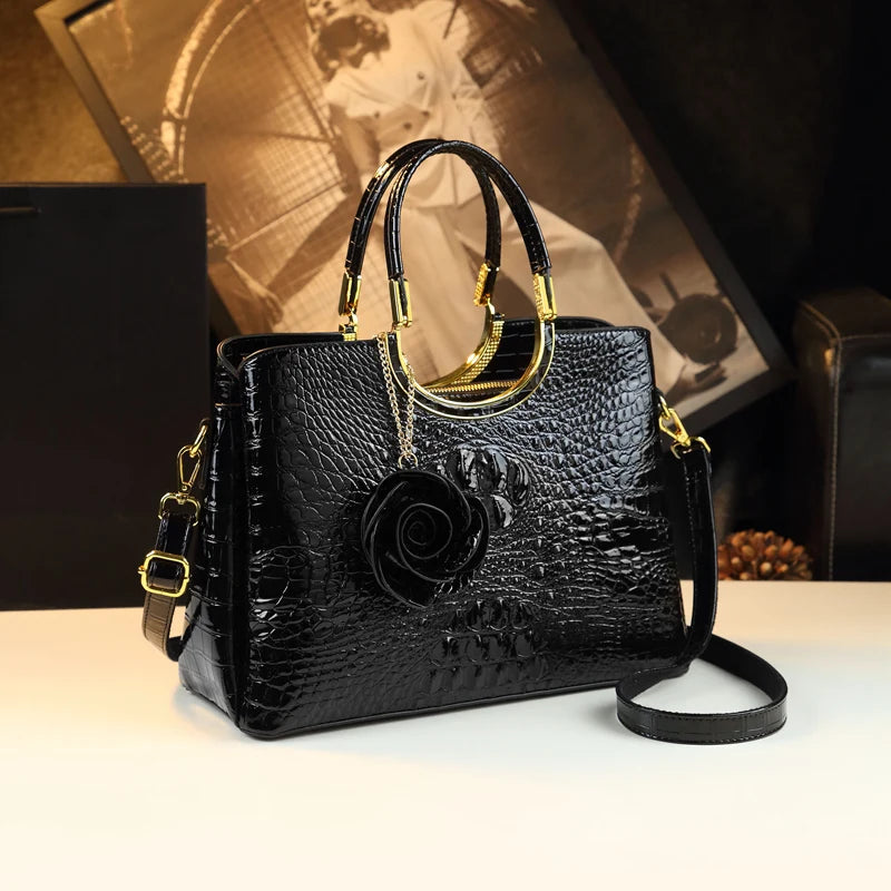 Genuine Leather Handbags Crocodile Pattern Flower Tassel Shoulder Messenger Bag