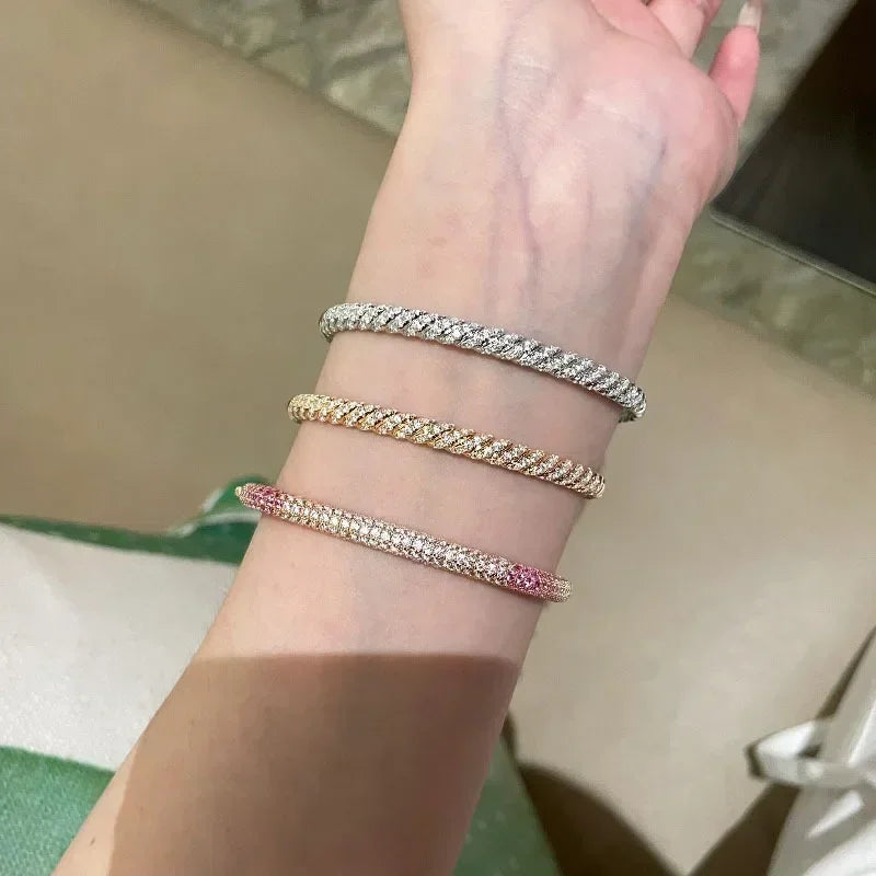 Luxury high quality dazzling shiny spiral bangles full CZ diamond silver 925 bracelet jewelry