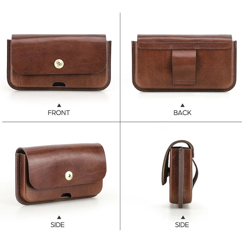 Cow Leather Belt Phone Pouch Magnetic Buckle Design